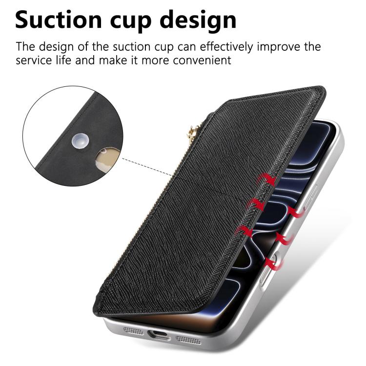 For iPhone 14 CaseNeo Precision Hole Silver-Edged Magnetic Zipper Wallet Cross-Grain Vegan Leather Phone Case
