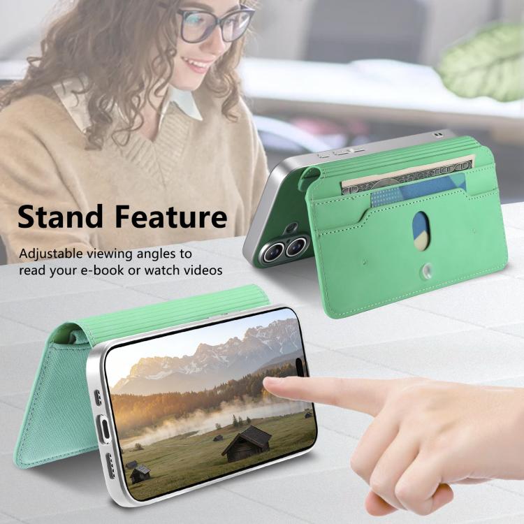 For iPhone 14 CaseNeo Precision Hole Silver-Edged Magnetic Zipper Wallet Cross-Grain Vegan Leather Phone Case
