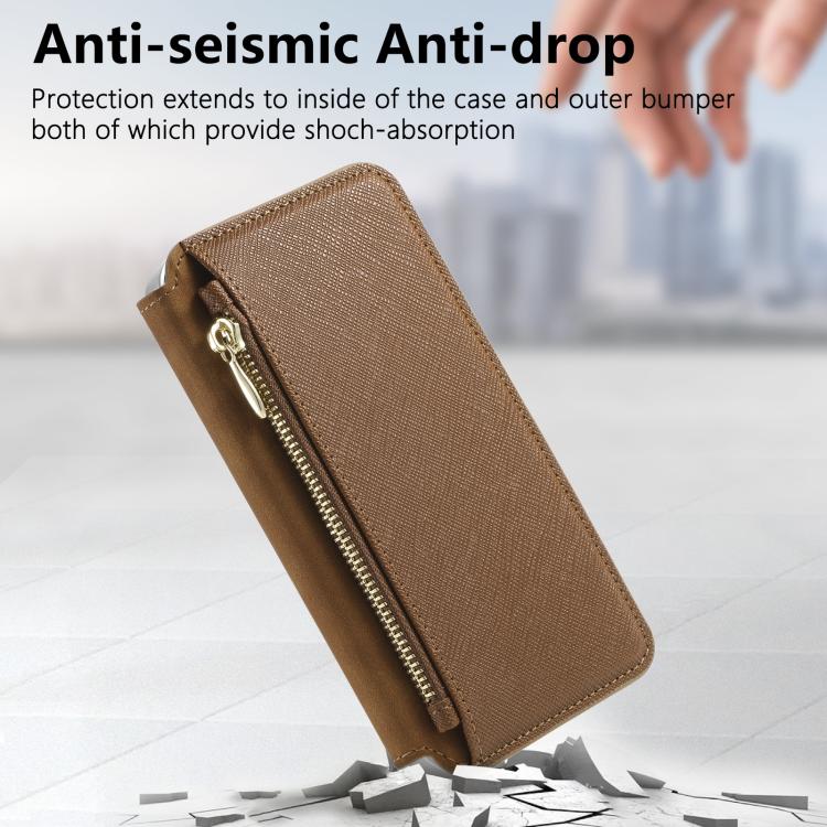 For iPhone 14 CaseNeo Precision Hole Silver-Edged Magnetic Zipper Wallet Cross-Grain Vegan Leather Phone Case