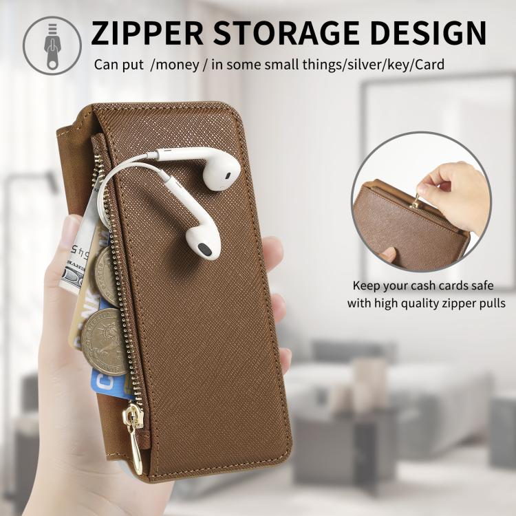 For iPhone 13 CaseNeo Precision Hole Silver-Edged Magnetic Zipper Wallet Cross-Grain Vegan Leather Phone Case
