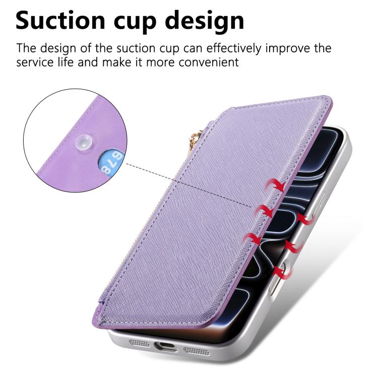 For iPhone 13 Pro Max CaseNeo Precision Hole Silver-Edged Magnetic Zipper Wallet Cross-Grain Vegan Leather Phone Case