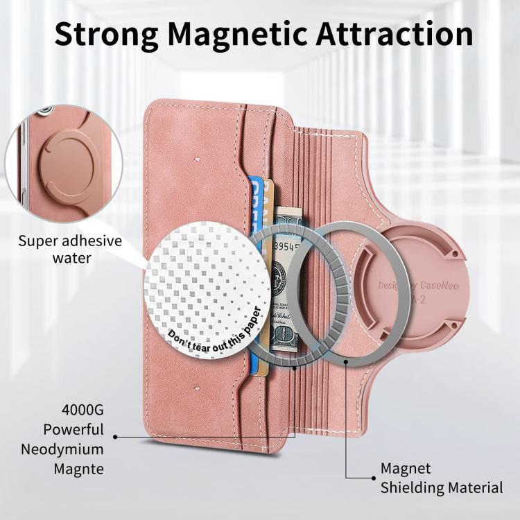 For iPhone 16 Plus CaseNeo Precision Hole Silver-Edged Magnetic Zipper Wallet Cross-Grain Vegan Leather Phone Case