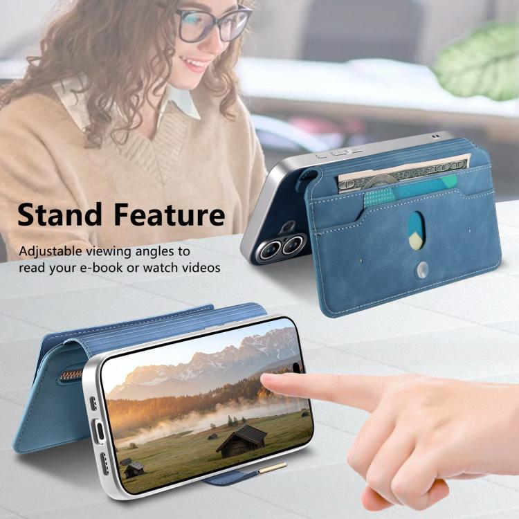 For iPhone 16 Plus CaseNeo Precision Hole Silver-Edged Magnetic Zipper Wallet Cross-Grain Vegan Leather Phone Case