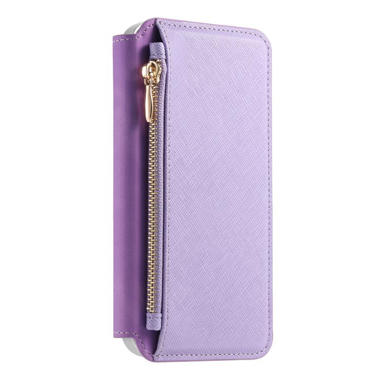 For iPhone 16 Plus CaseNeo Precision Hole Silver-Edged Magnetic Zipper Wallet Cross-Grain Vegan Leather Phone Case