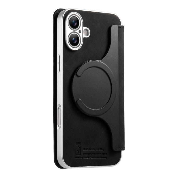 For iPhone 16 Plus CaseNeo Precision Hole Silver-Edged Magnetic Zipper Wallet Cross-Grain Vegan Leather Phone Case