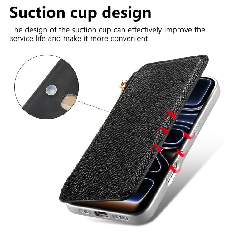 For iPhone 16 Plus CaseNeo Precision Hole Silver-Edged Magnetic Zipper Wallet Cross-Grain Vegan Leather Phone Case