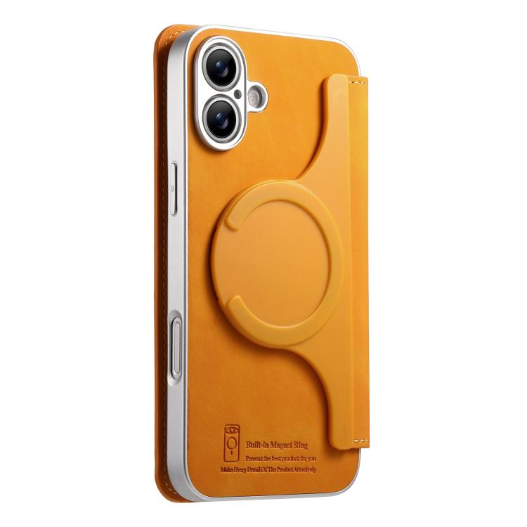 For iPhone 16 Plus CaseNeo Precision Hole Silver-Edged Magnetic Zipper Wallet Cross-Grain Vegan Leather Phone Case