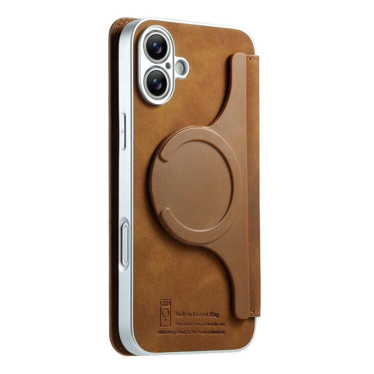 For iPhone 16 Plus CaseNeo Precision Hole Silver-Edged Magnetic Zipper Wallet Cross-Grain Vegan Leather Phone Case
