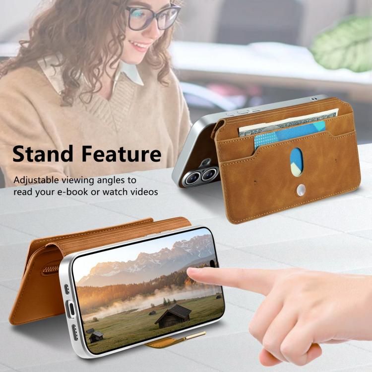 For iPhone 16 Plus CaseNeo Precision Hole Silver-Edged Magnetic Zipper Wallet Cross-Grain Vegan Leather Phone Case