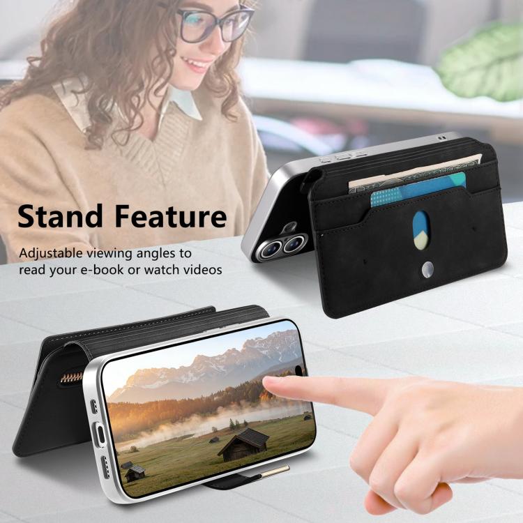 For iPhone 17 CaseNeo Precision Hole Silver-Edged Magnetic Zipper Wallet Cross-Grain Vegan Leather Phone Case