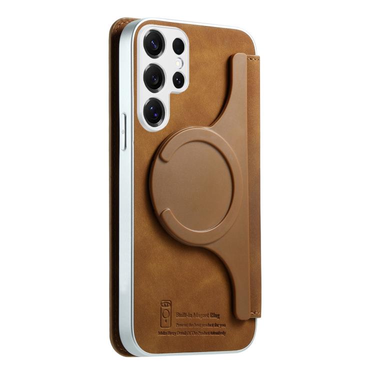 For Galaxy S25 Ultra 5G CaseNeo Precision Hole Silver-Edged Magnetic Zipper Wallet Cross-Grain Vegan Leather Phone Case