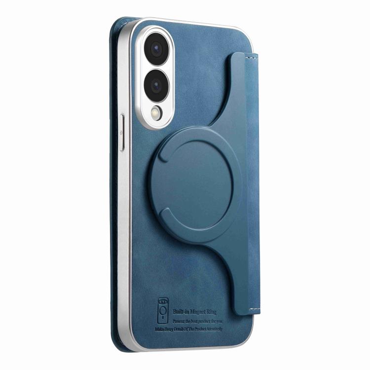 For Galaxy S25 Edge 5G CaseNeo Precision Hole Silver-Edged Magnetic Zipper Wallet Cross-Grain Vegan Leather Phone Case
