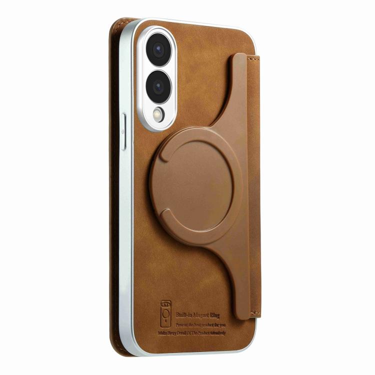 For Galaxy S25 Edge 5G CaseNeo Precision Hole Silver-Edged Magnetic Zipper Wallet Cross-Grain Vegan Leather Phone Case