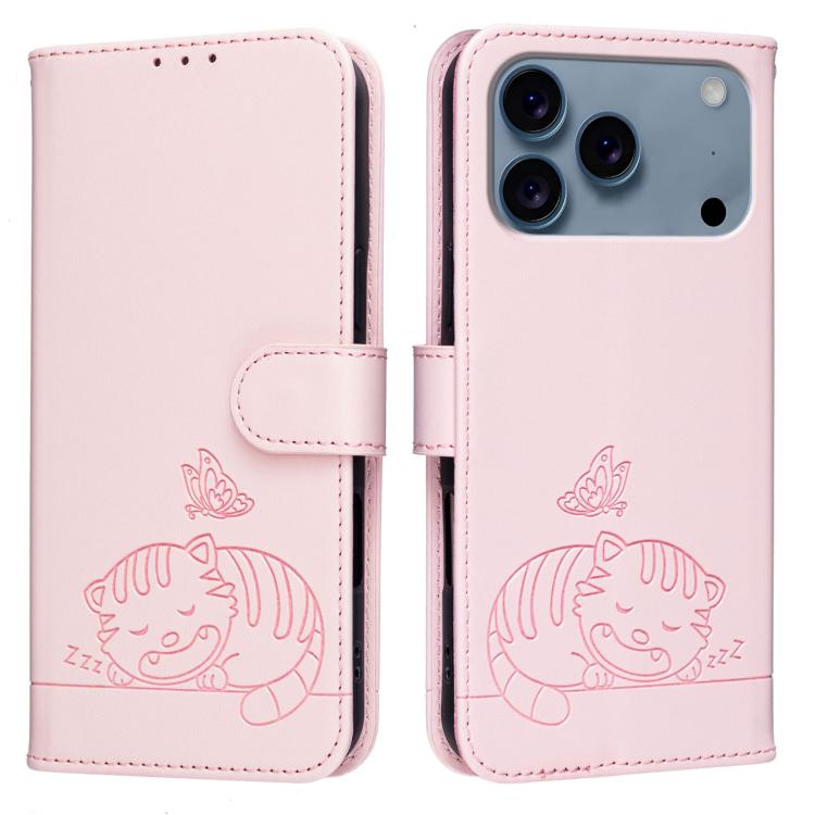 For iPhone 17 Pro Max Cat Butterfly Embossed RFID Vegan Leather Phone Case with Strap
