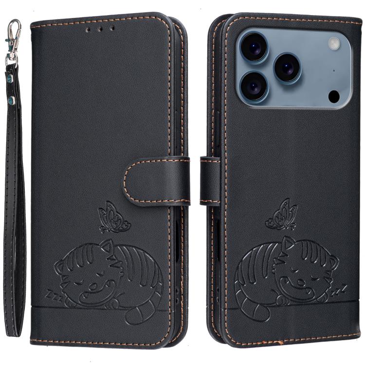For iPhone 17 Pro Max Cat Butterfly Embossed RFID Vegan Leather Phone Case with Strap
