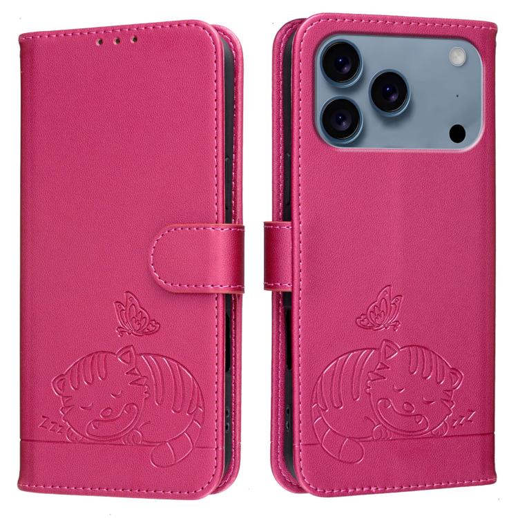 For iPhone 17 Pro Max Cat Butterfly Embossed RFID Vegan Leather Phone Case with Strap