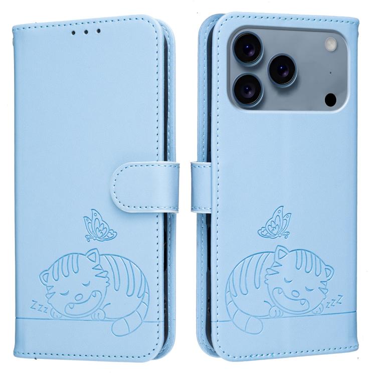 For iPhone 17 Pro Max Cat Butterfly Embossed RFID Vegan Leather Phone Case with Strap