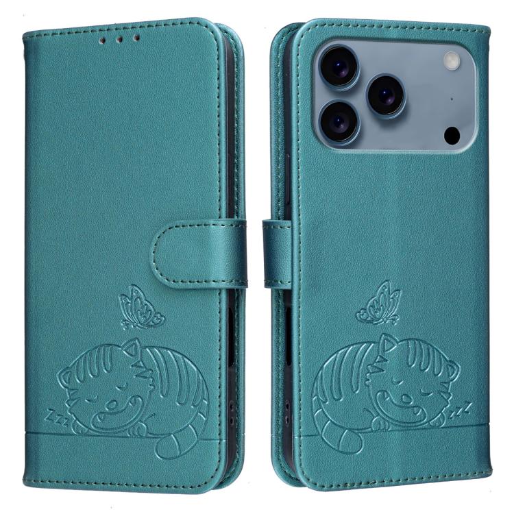 For iPhone 17 Pro Max Cat Butterfly Embossed RFID Vegan Leather Phone Case with Strap