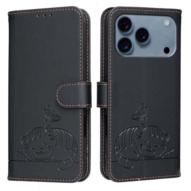 For iPhone 17 Pro Cat Butterfly Embossed RFID Vegan Leather Phone Case with Strap