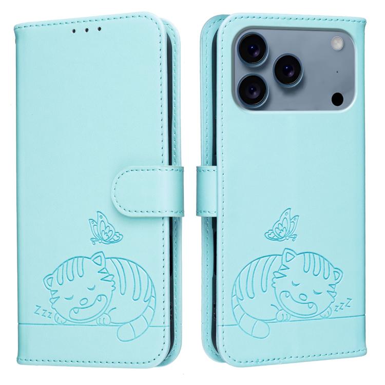 For iPhone 17 Pro Cat Butterfly Embossed RFID Vegan Leather Phone Case with Strap