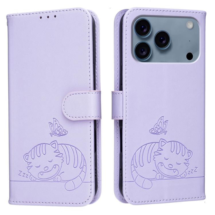 For iPhone 17 Pro Cat Butterfly Embossed RFID Vegan Leather Phone Case with Strap