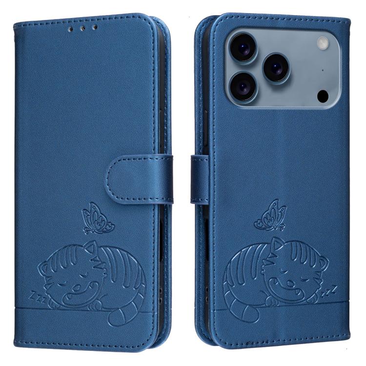 For iPhone 17 Pro Cat Butterfly Embossed RFID Vegan Leather Phone Case with Strap