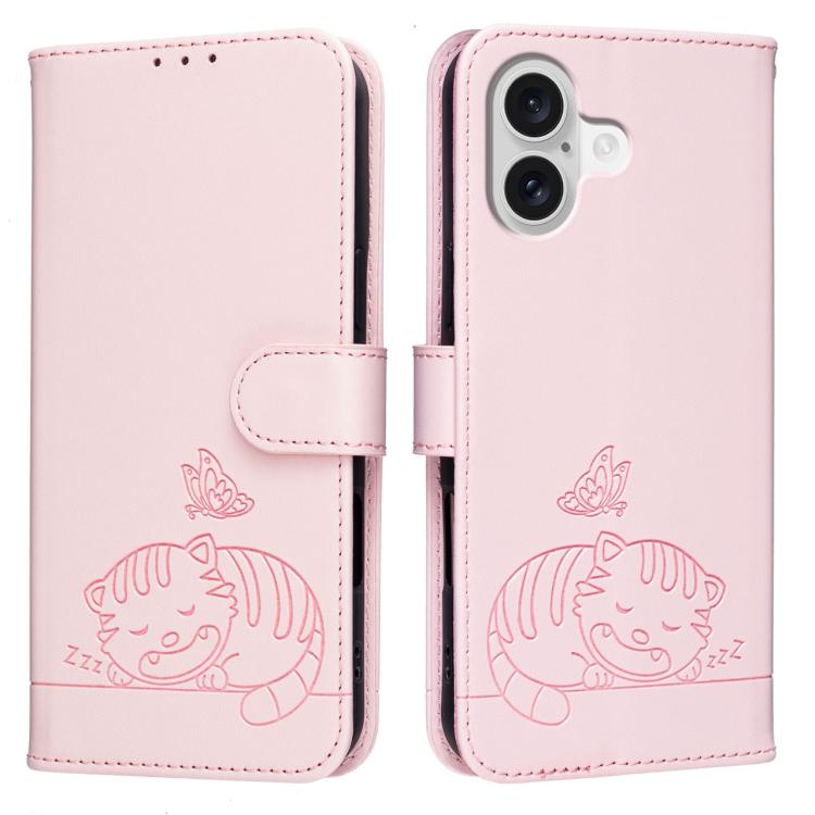 For iPhone 17 Cat Butterfly Embossed RFID Vegan Leather Phone Case with Strap