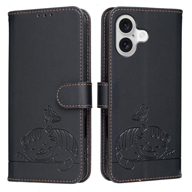 For iPhone 17 Cat Butterfly Embossed RFID Vegan Leather Phone Case with Strap