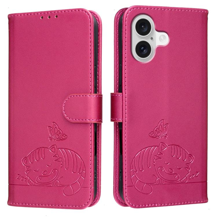 For iPhone 17 Cat Butterfly Embossed RFID Vegan Leather Phone Case with Strap