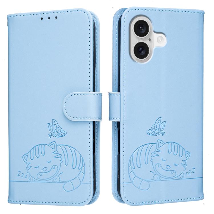 For iPhone 17 Cat Butterfly Embossed RFID Vegan Leather Phone Case with Strap