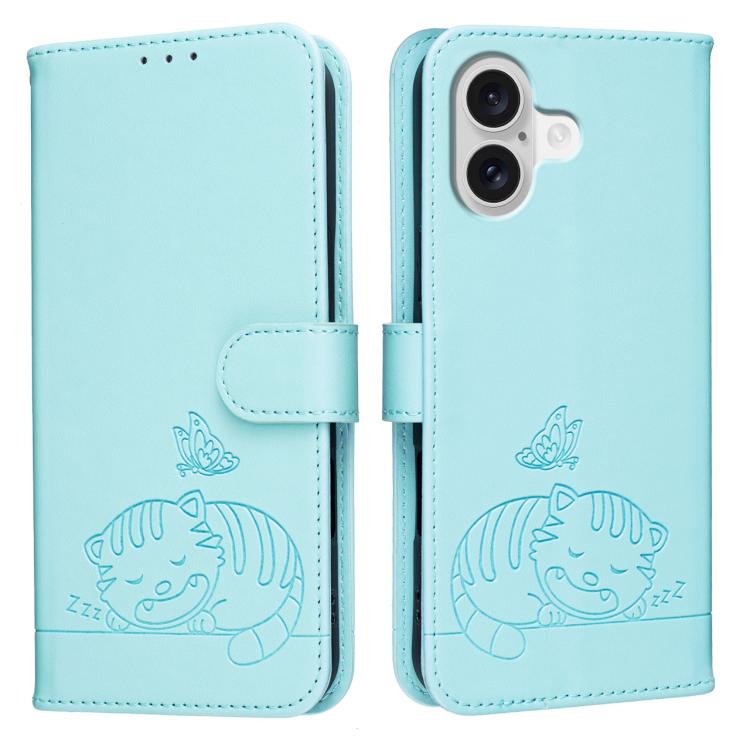 For iPhone 17 Cat Butterfly Embossed RFID Vegan Leather Phone Case with Strap