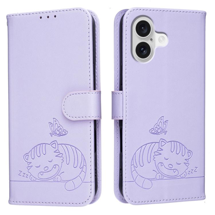For iPhone 17 Cat Butterfly Embossed RFID Vegan Leather Phone Case with Strap