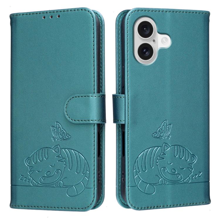 For iPhone 17 Cat Butterfly Embossed RFID Vegan Leather Phone Case with Strap