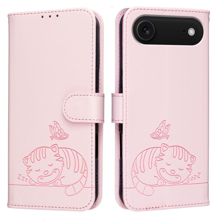 For iPhone Air Cat Butterfly Embossed RFID Vegan Leather Phone Case with Strap