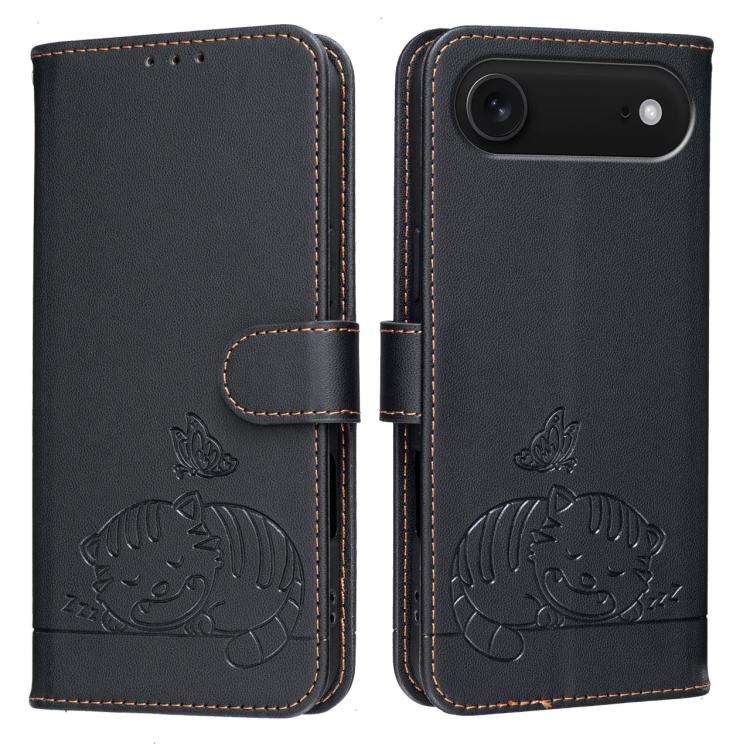 For iPhone Air Cat Butterfly Embossed RFID Vegan Leather Phone Case with Strap