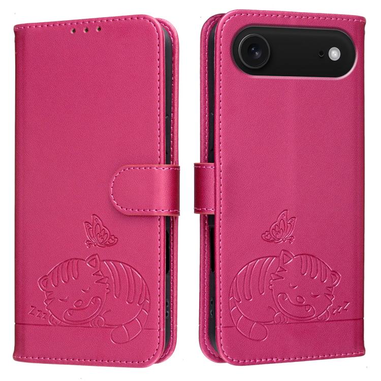 For iPhone Air Cat Butterfly Embossed RFID Vegan Leather Phone Case with Strap