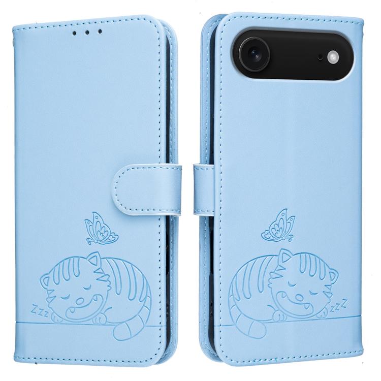 For iPhone Air Cat Butterfly Embossed RFID Vegan Leather Phone Case with Strap