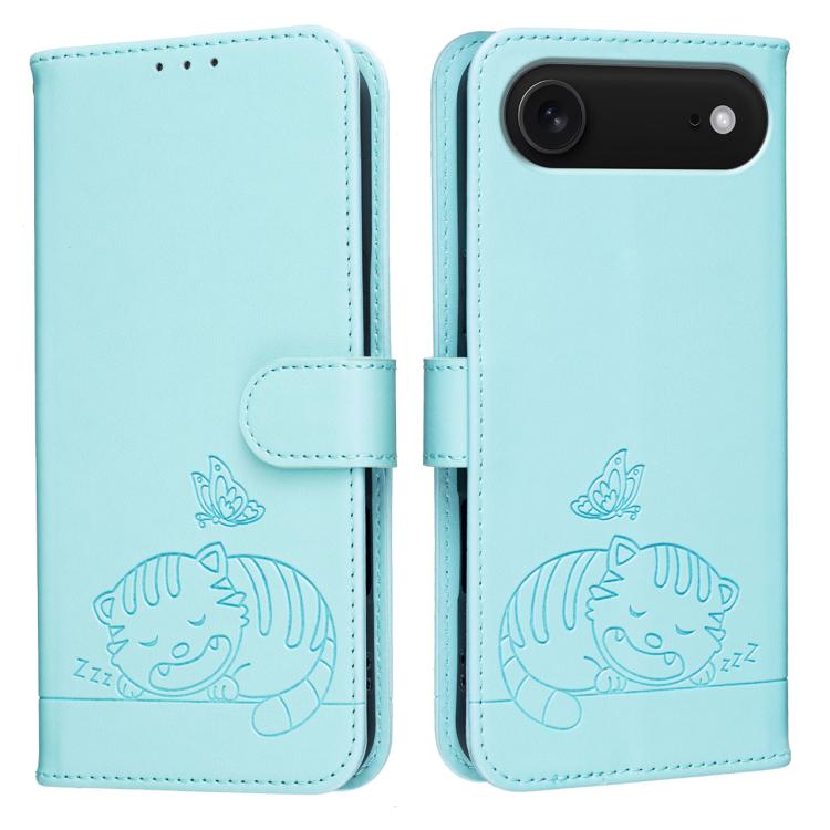 For iPhone Air Cat Butterfly Embossed RFID Vegan Leather Phone Case with Strap