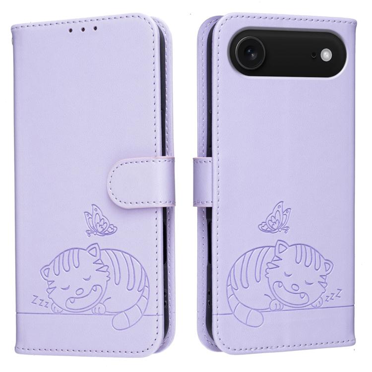 For iPhone Air Cat Butterfly Embossed RFID Vegan Leather Phone Case with Strap
