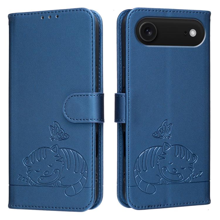 For iPhone Air Cat Butterfly Embossed RFID Vegan Leather Phone Case with Strap