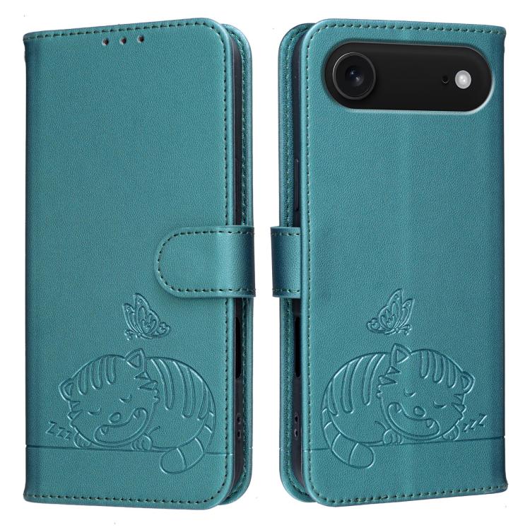 For iPhone Air Cat Butterfly Embossed RFID Vegan Leather Phone Case with Strap