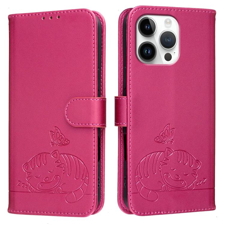 For iPhone 16 Pro Max Cat Butterfly Embossed RFID Vegan Leather Phone Case with Strap