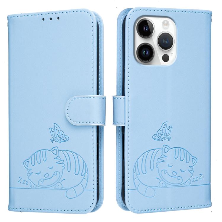 For iPhone 16 Pro Max Cat Butterfly Embossed RFID Vegan Leather Phone Case with Strap