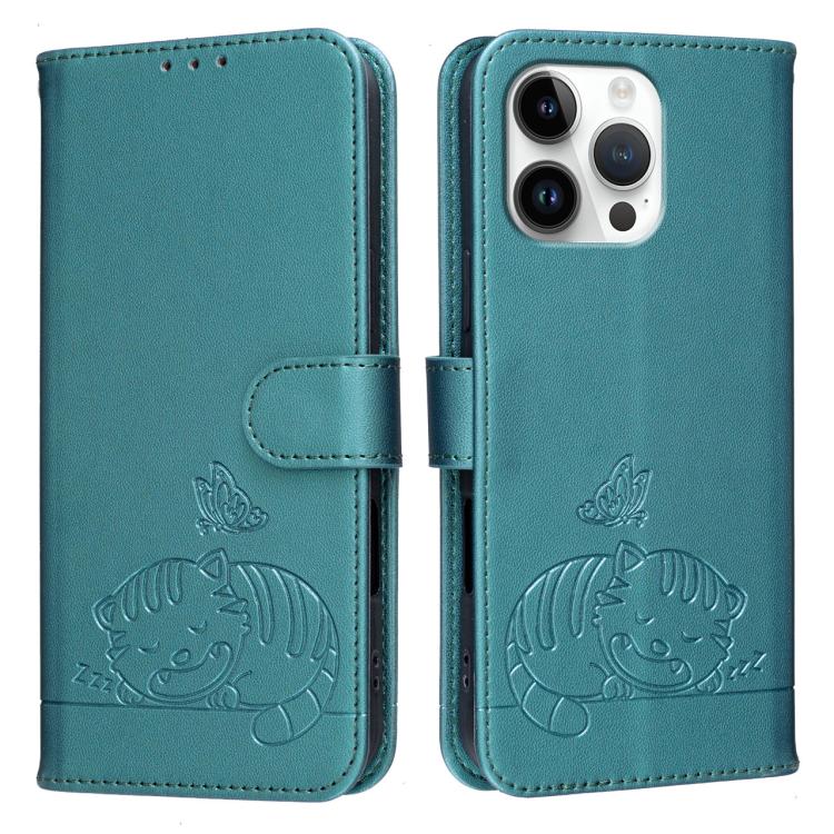 For iPhone 16 Pro Max Cat Butterfly Embossed RFID Vegan Leather Phone Case with Strap