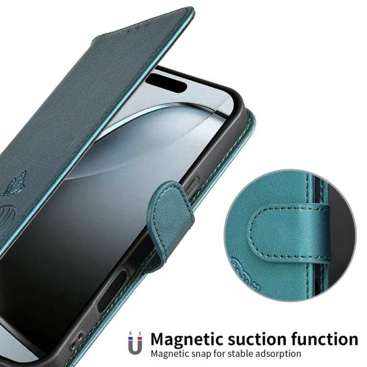 For iPhone 16 Pro Max Cat Butterfly Embossed RFID Vegan Leather Phone Case with Strap