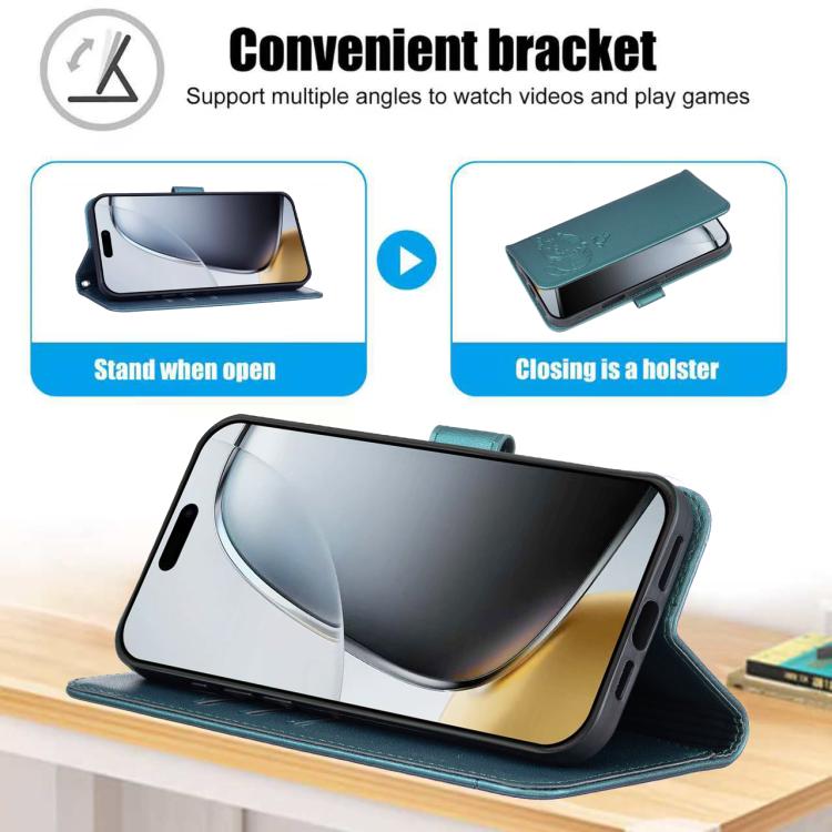 For iPhone 16 Pro Max Cat Butterfly Embossed RFID Vegan Leather Phone Case with Strap