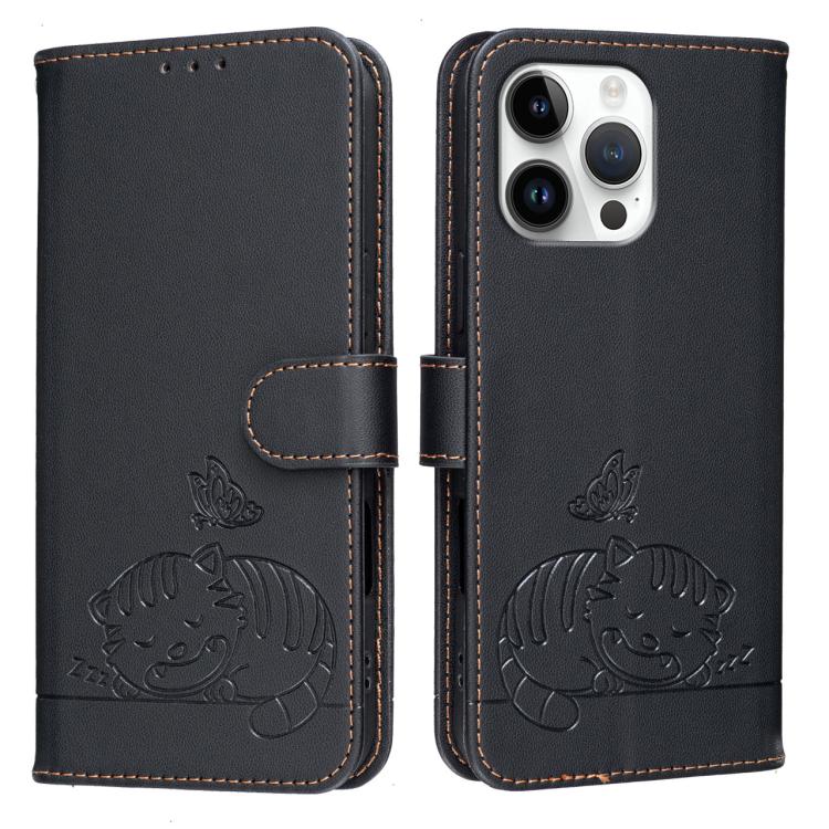 For iPhone 16 Pro Cat Butterfly Embossed RFID Vegan Leather Phone Case with Strap