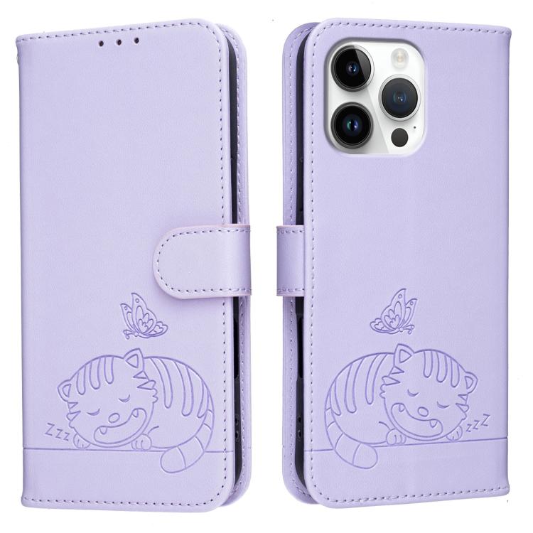 For iPhone 16 Pro Cat Butterfly Embossed RFID Vegan Leather Phone Case with Strap