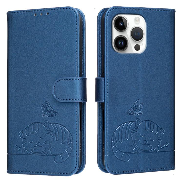 For iPhone 16 Pro Cat Butterfly Embossed RFID Vegan Leather Phone Case with Strap