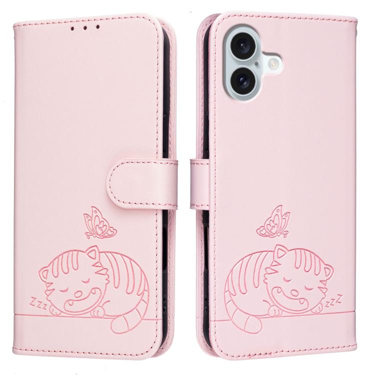 For iPhone 16 Plus Cat Butterfly Embossed RFID Vegan Leather Phone Case with Strap